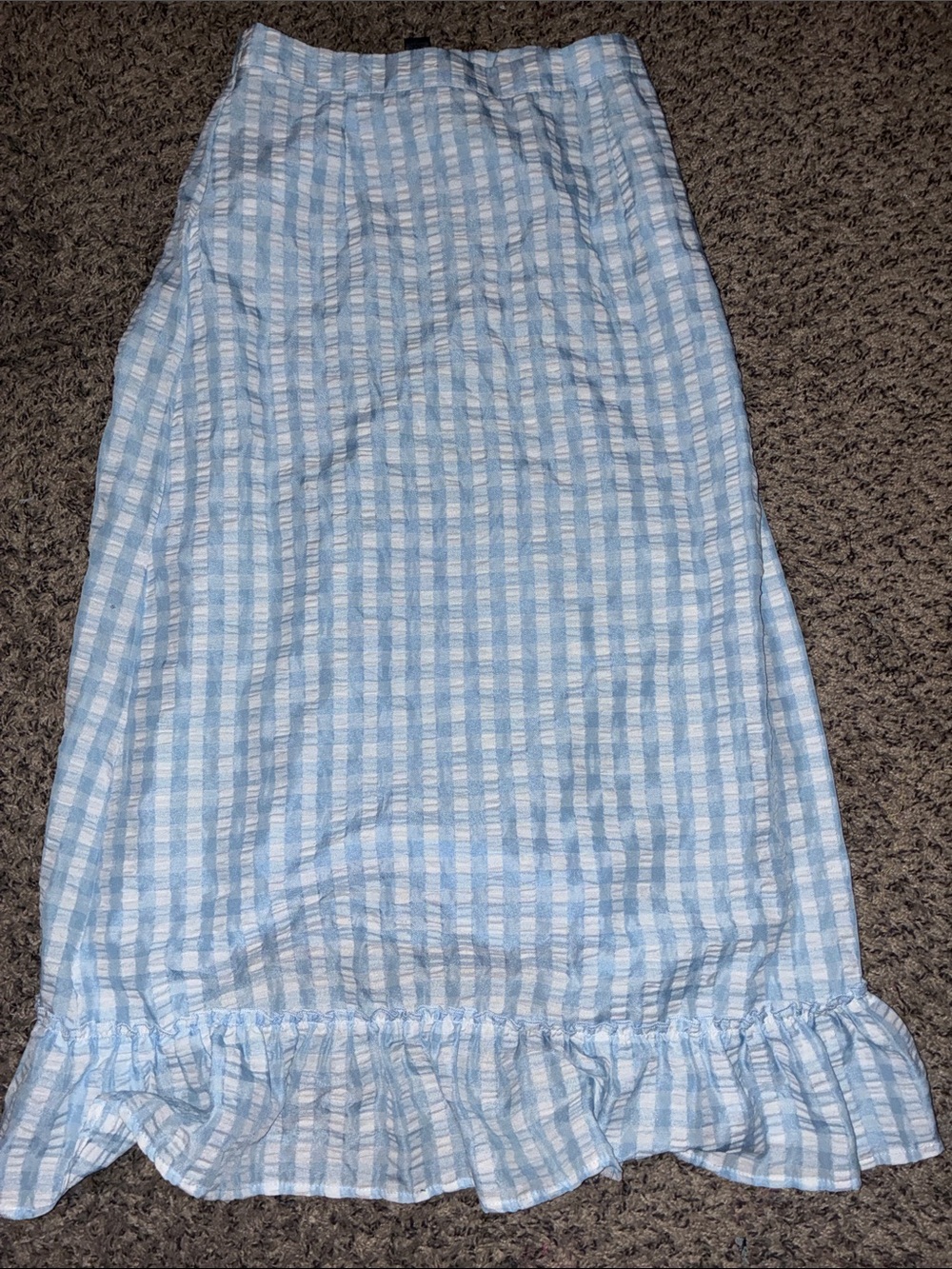 SHEIN Light Blue and White Gingham Ruffle-Hem Maxi Skirt